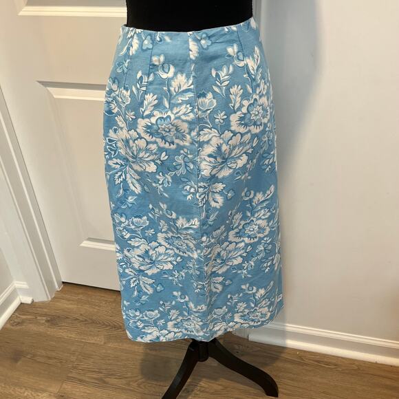 Vintage Talbots Irish Linen Blend Blue Floral Skirt Sz 4P Cottagecore Modest - Picture 5 of 5